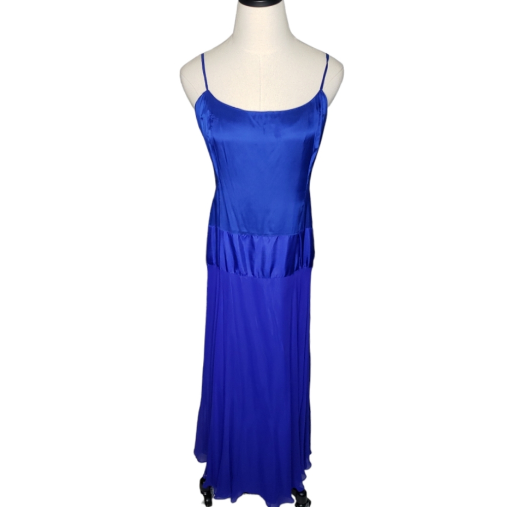 Vtg Maxi Slip Dress Flowy Royal Blue Silk Y2K Pixi Fairy Crepe Sheer Satin Event - Picture 4 of 15